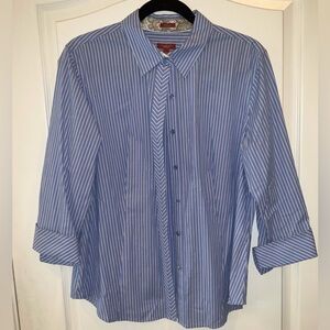 Talbot’s—Button-Down Collared Shirt, 14, Blue/White Striped, 3/4 Length Sleeves